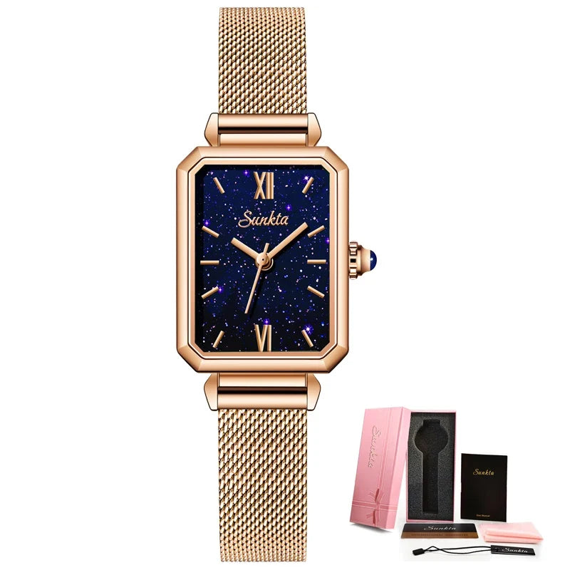 Women's Rectangular Quartz Watch with Mesh Band