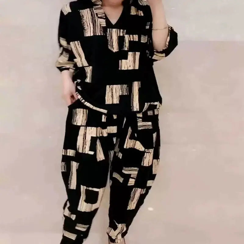 Casual Fashion Geometric Letter Printing Pant Sets Summer 2025 Short Sleeve V-Neck T-shirt Wide Leg Pants Slim Women's Clothing