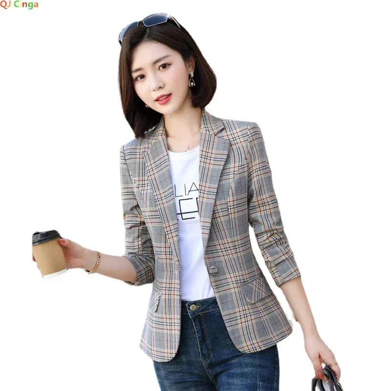 Blazer a cuadros a rayas grises, chaqueta, abrigos delgados de moda para mujer, blazers de mujer con cuello en V de un solo botón S-XXXXXL