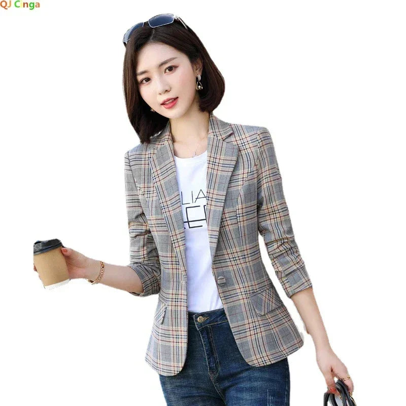 Blazer a cuadros a rayas grises, chaqueta, abrigos delgados de moda para mujer, blazers de mujer con cuello en V de un solo botón S-XXXXXL