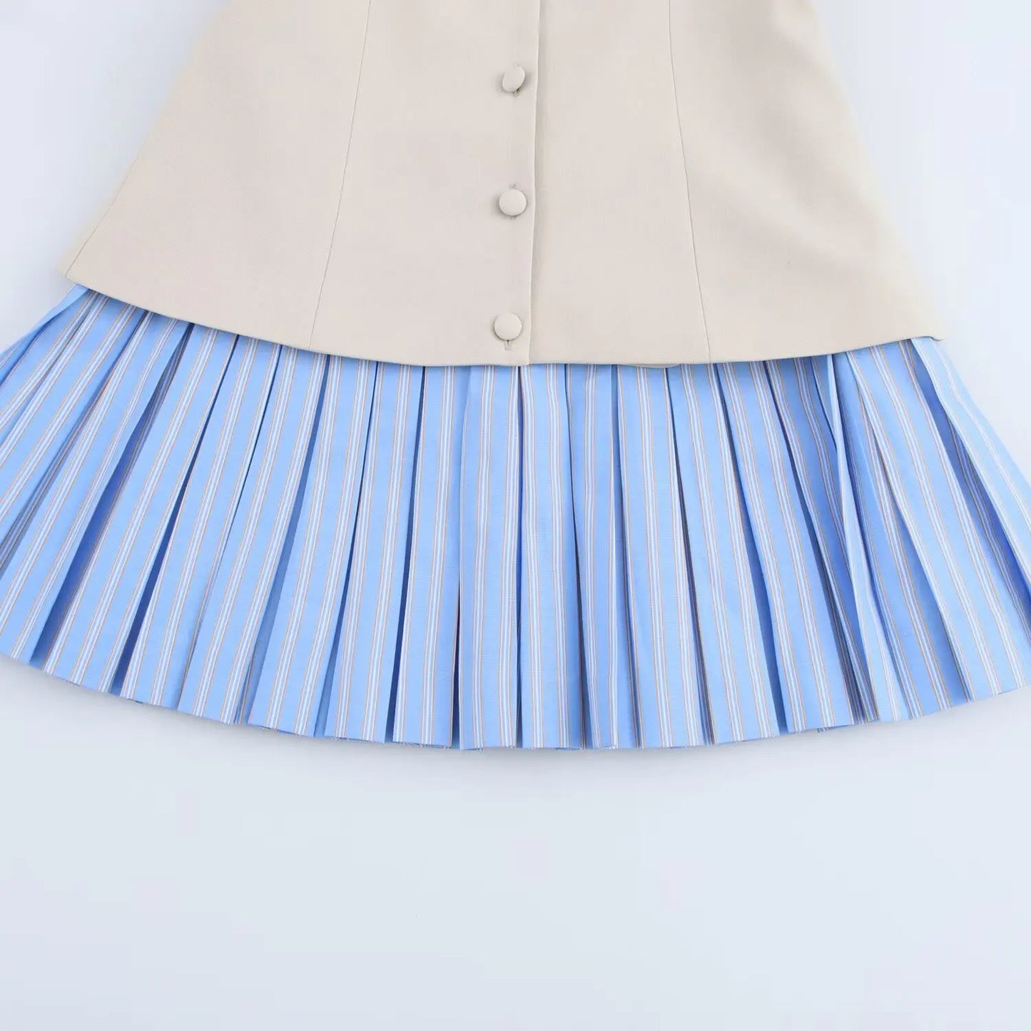 Foridol Striped Pleated Short Summer Dress Women Buttons Decor Spaghetti Strap V Neck Bodycon Mini Spring Beach Vestidos New In