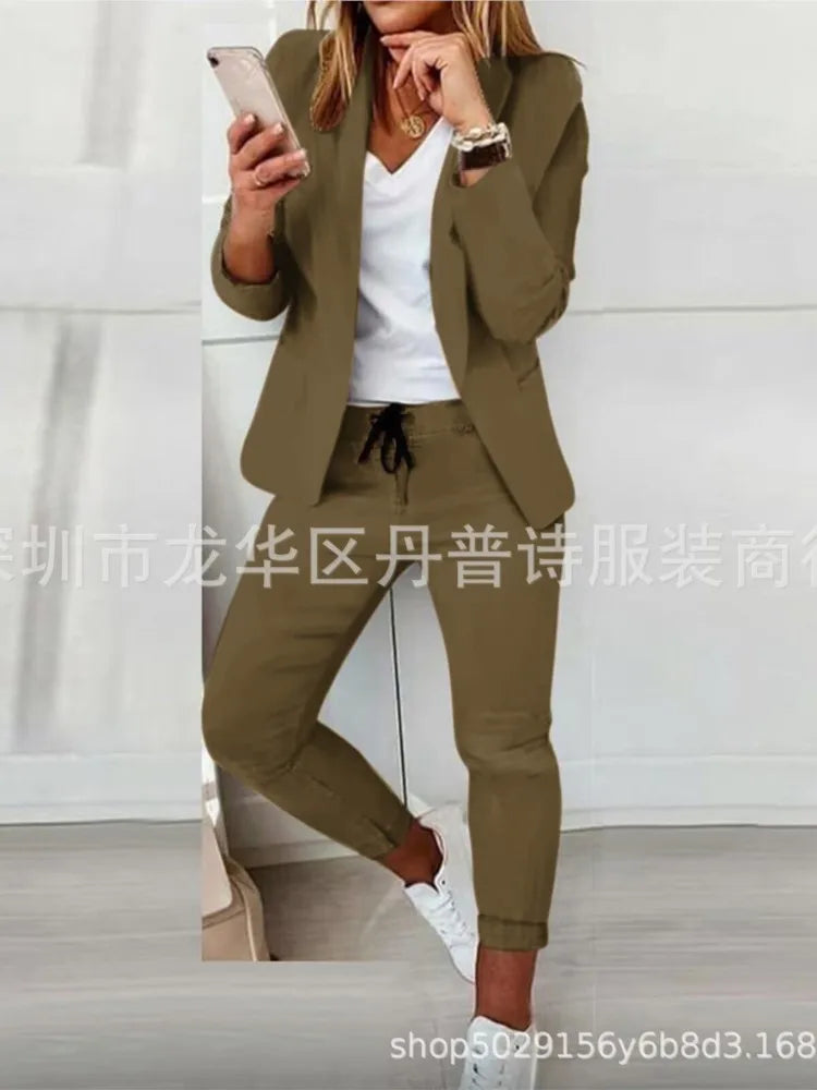 2 Piece Women's Autumn Winter Suit Fashion Slim Fit Lace-up Small Feet Trousers Women's Office Casual Solid Color Suit 2024