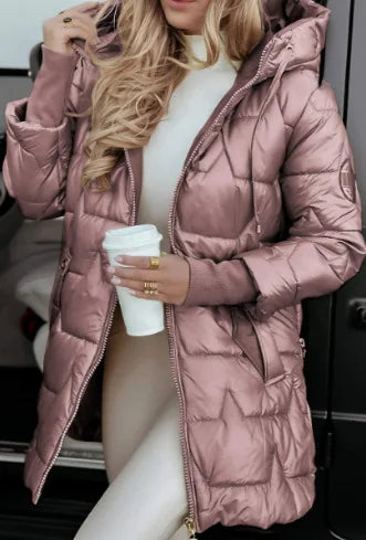 Parkas Coat Women Cotton Padded Jacket Hooded Outerwear Winter Thick Warm Pockets Zipper Puffer Windproof Mid Length Overcoat