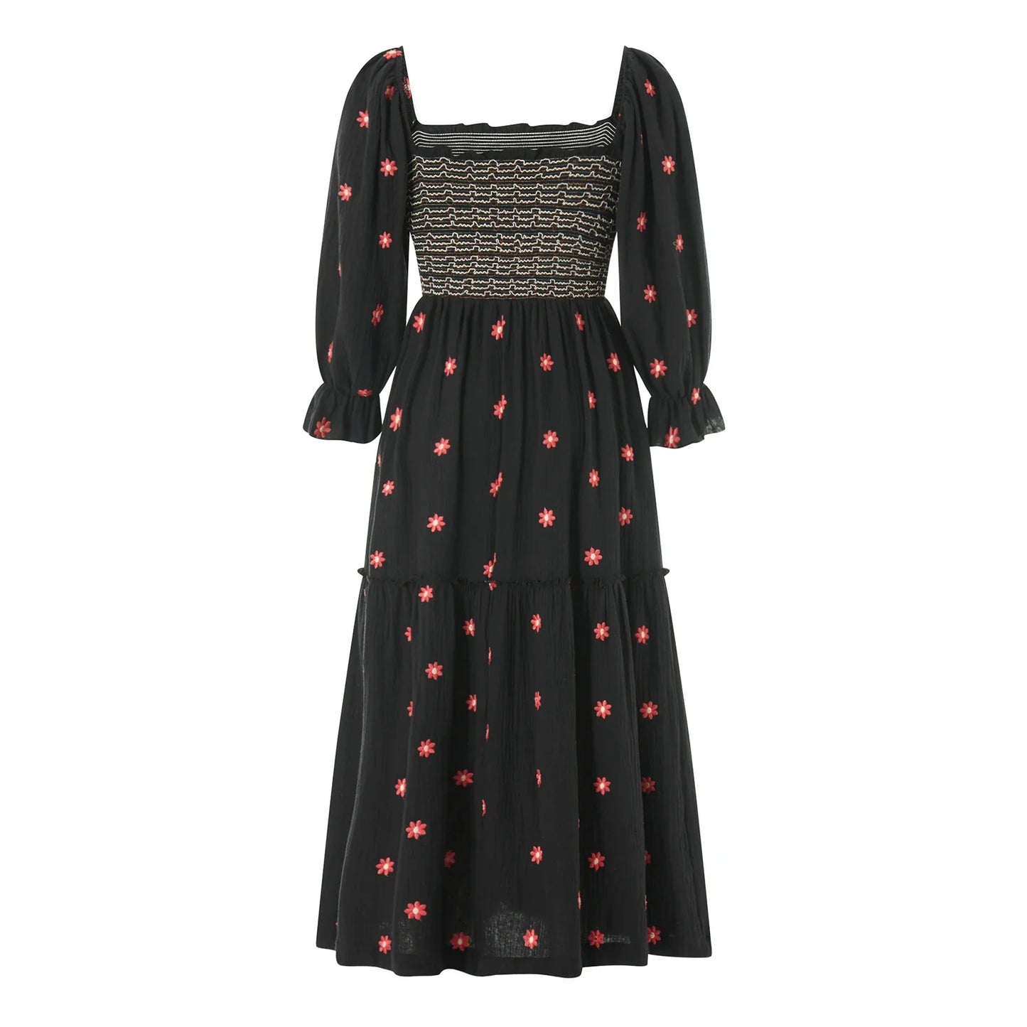 Women Spring Fall Long Dress Long Sleeve Dress Square Neck Embroidery Flower Loose Swing Dress Wit Pocket