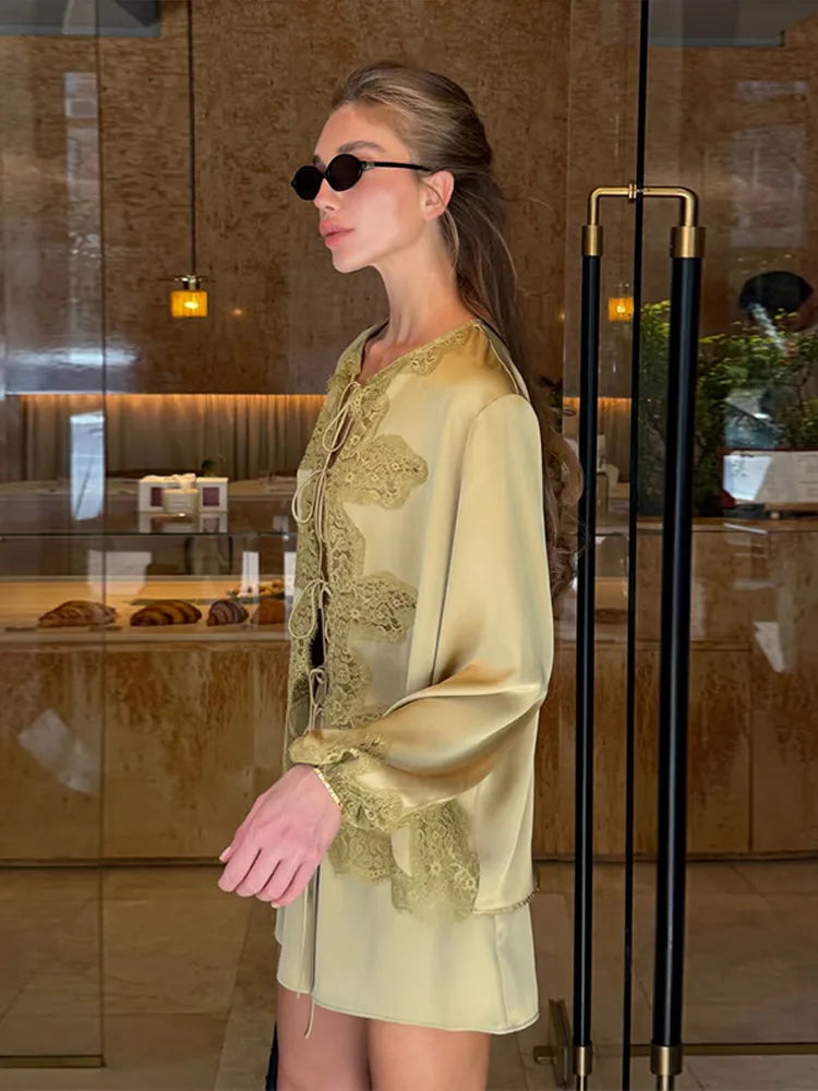 Elegant Women O Neck Long Sleeve Lace Up Shirt Chic Lace Patchwork Satin Blouse Shorts Set 2026 Summer Chic 2 Pcs Outfits Street