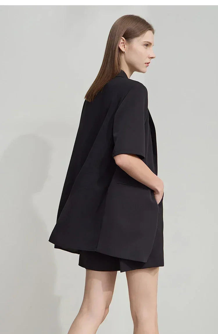 Amii Women's Top Minimalist 2025 Summer New Notched Lapel Contrast Material Patchwork One Button Short Sleeve Blazer 12542081