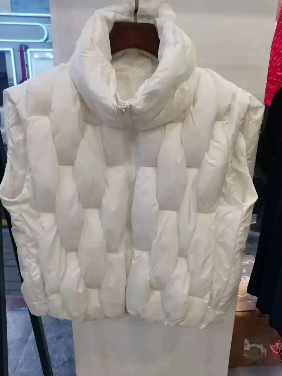 Women Thick Cotton Vest Women Square Weave High Collar Warm Waistcoat Casual  Warm Puffer Bubble Sleeveless Jacket