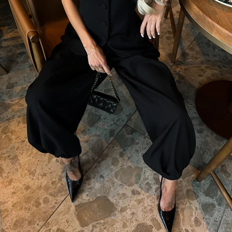 Casual Women's Waist Cinched Blazer Pants Set O-neck Puff Sleeve Shirts Loose Lantern Pant 2026 Summer Lady Chic Commute Suit
