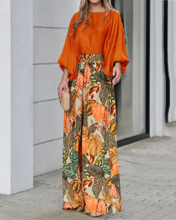 New Women's Clothing Set Lantern Sleeves Loose Top Printed Wide Leg Pants Two Piece Set Casual Ladies Trouser Outfit 2025 Summer