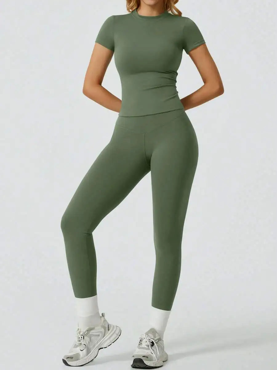 2 Piece Yoga Set Women Short Sleeve Top High Waist Leggings Gym Workout Clothing Tummy Control Fitness Sportswear Activewear Sui