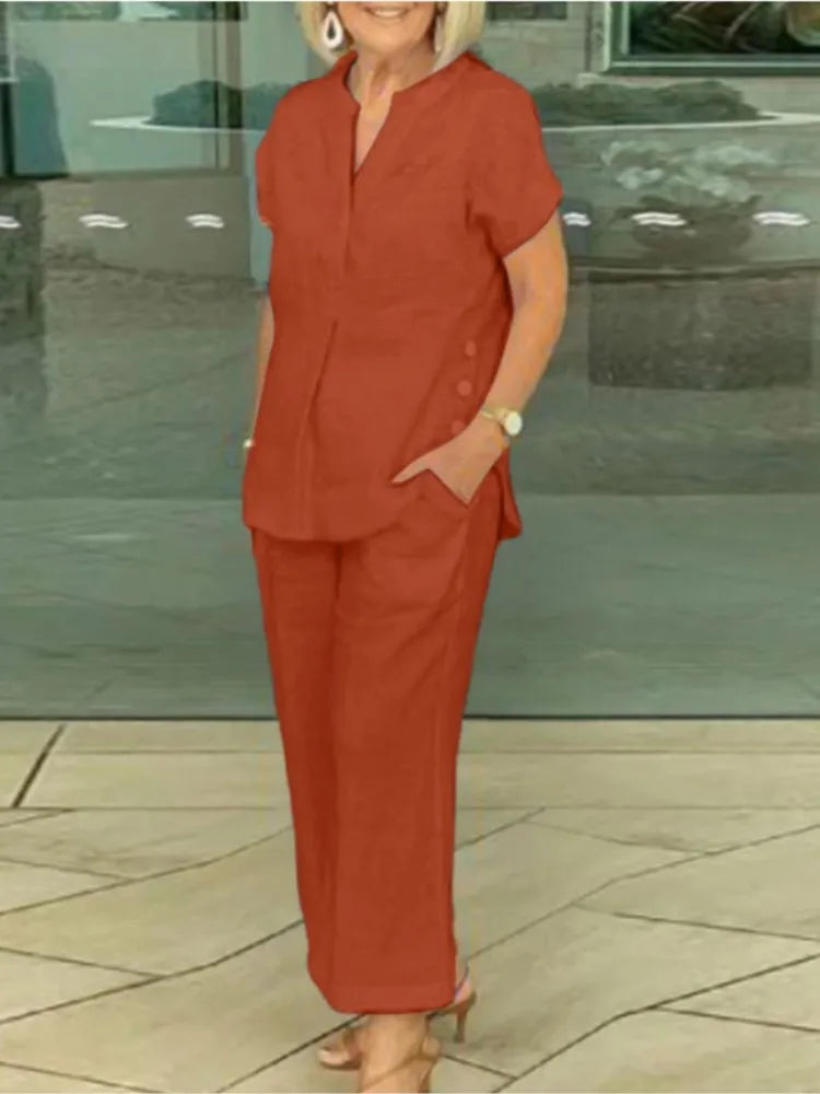 New Summer Women's Short-sleeve Tops Pants Casual Two-piece Suit Fashion Elegant Office Solid Holiday 2-piece Set Women Clothes