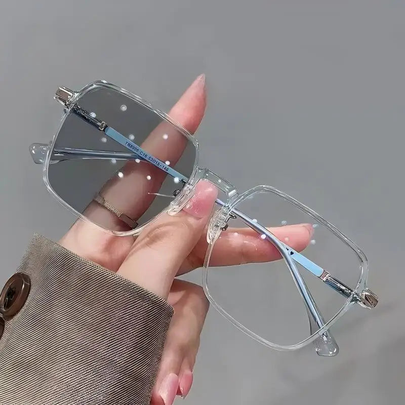 GLAZZY TR Stainless Steel Two Tone Square Photochromic Eyeglasses Anti Blue Light Optical Glasses Neutral Daily Computer Eyewear