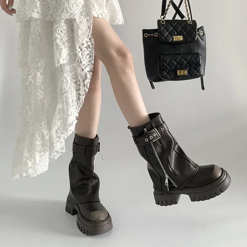 2025 Winter Women Biker Boots Fashion Belt Buckle Ladies Elegant Platform Long Pipe Booties Casual Women's Knee High Booties