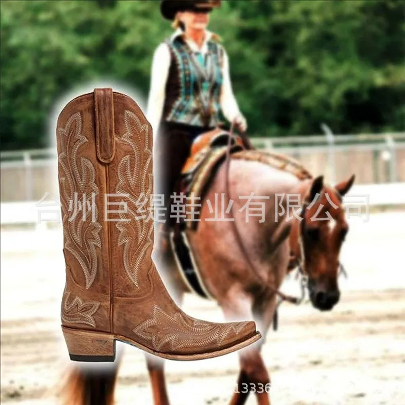 Botas de cowboy bordadas para mujer, hasta la rodilla, a media pantorrilla, botas vaqueras vintage de tacón, zapatos casuales de tacón grueso para otoño