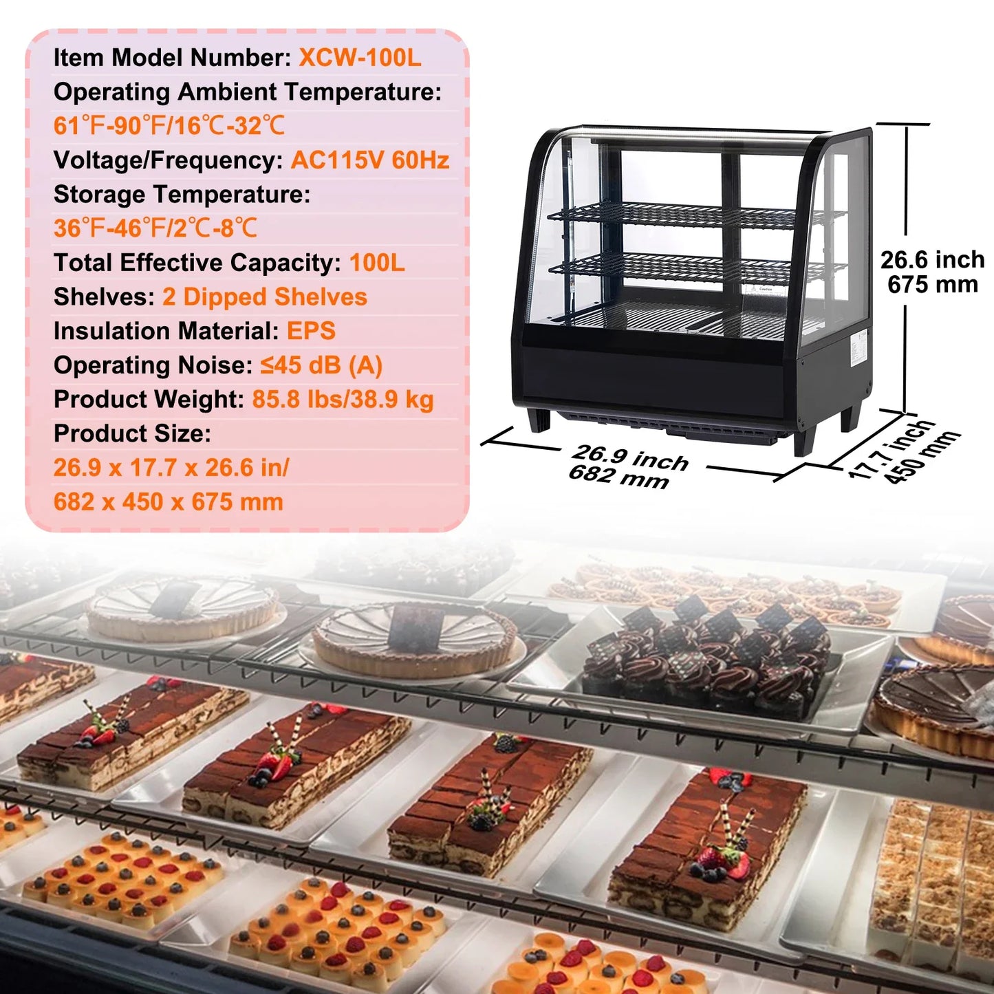 SucceBuy Countertop Refrigerated Display Case Pastry With LED Lighting