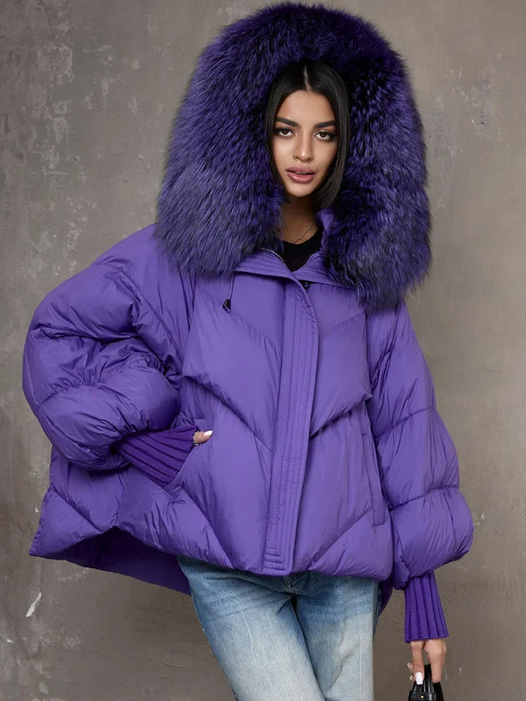 Women Winter Goose Down Jackets Real Fox Fur Collar Hooded Thick Natural Raccoon Fur Female Outwear Warm Loose Puffer Coats