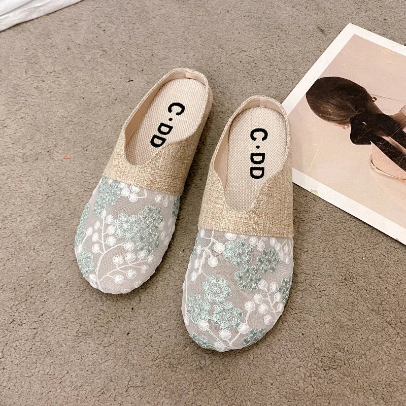 Breathable Mesh Linen Slippers For Women Summer Flat Shoes Anti-slip Female Indoor Outdoor Slides Office Lady Walking Sandals