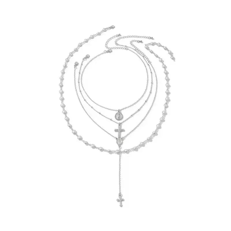 Trendy Cross Pearl Vintage Multi Layer Bead Necklace Set for Women
