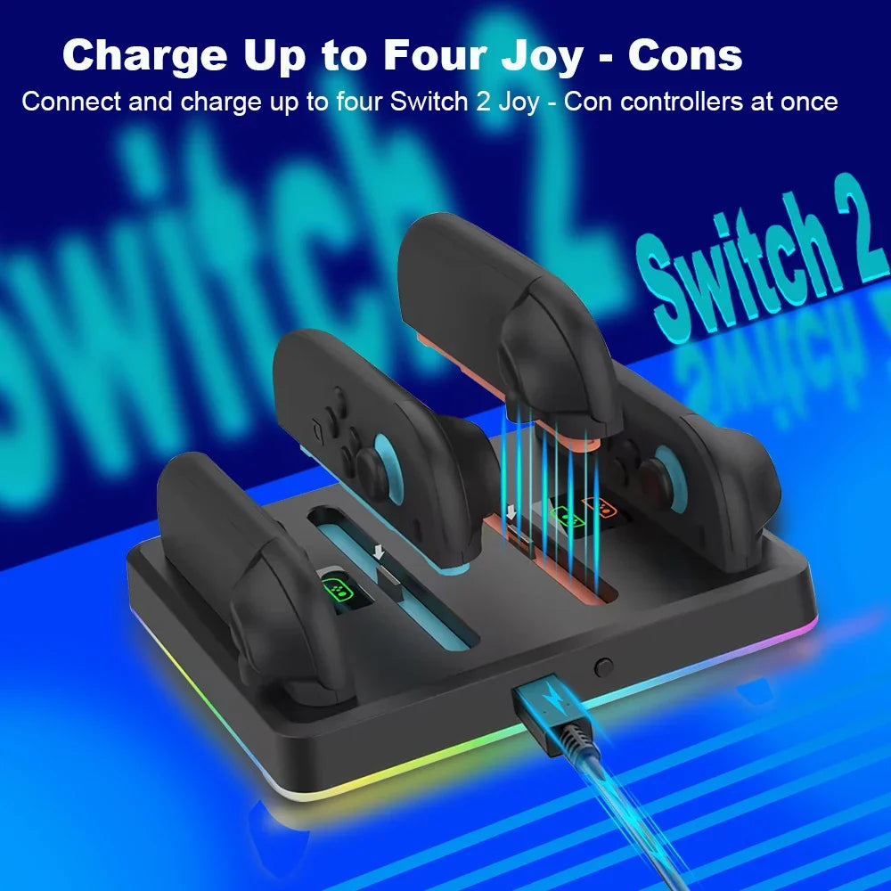 Multi-functional Charging Dock For Switch 2 Joy-Con Controller Charger Station RGB Light Fast Charging Stand For Switch2 Gamepad Charging Base With Type-C Cable