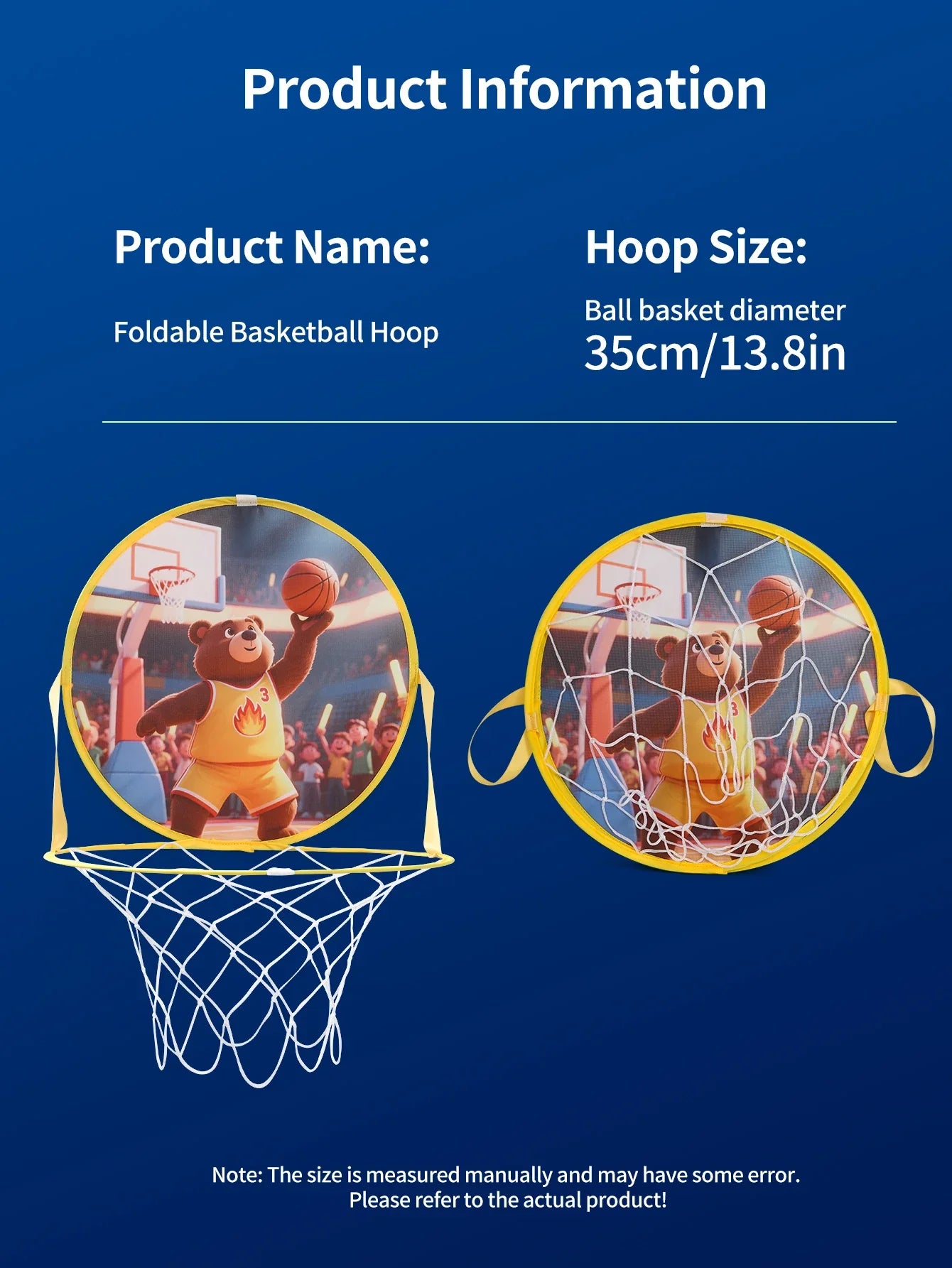 Foldable Basketball Hoop Bear Theme No Drilling 35cm Lightweight Portable Indoor Outdoor Fabric Kids Home Bedroom Yard Play Toy