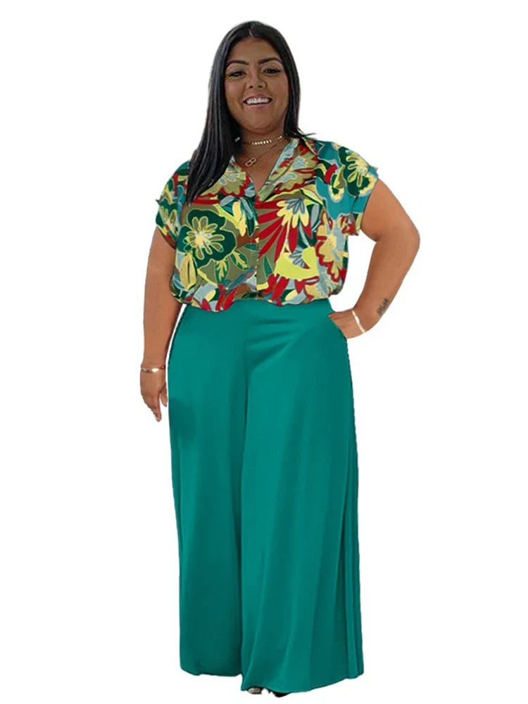 Woman 2 Piece Outfit Set Plus Size Summer Casual Suit Set Floral Print Shirt Pants Set Basic Lounge Wear