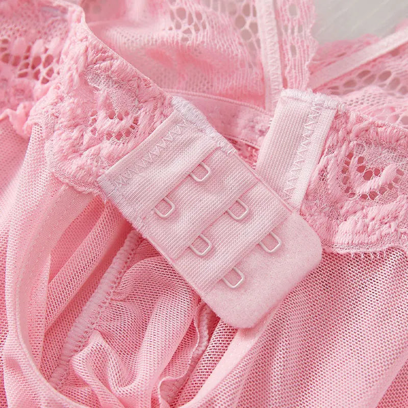 Sexy Women Lace Lingerie Set, Transparent Pink Lace Camisole & Panties Suit, Sexy Romantic Night V-Neck Temptation Hot Sleepwear