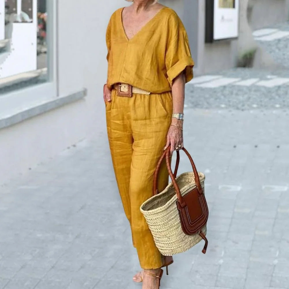 2 piece sets women outfit Women Suits Gray V-neck Short Sleeve Tops Wide Leg Pants Loose 2-piece Set Women Casual Women Clothes