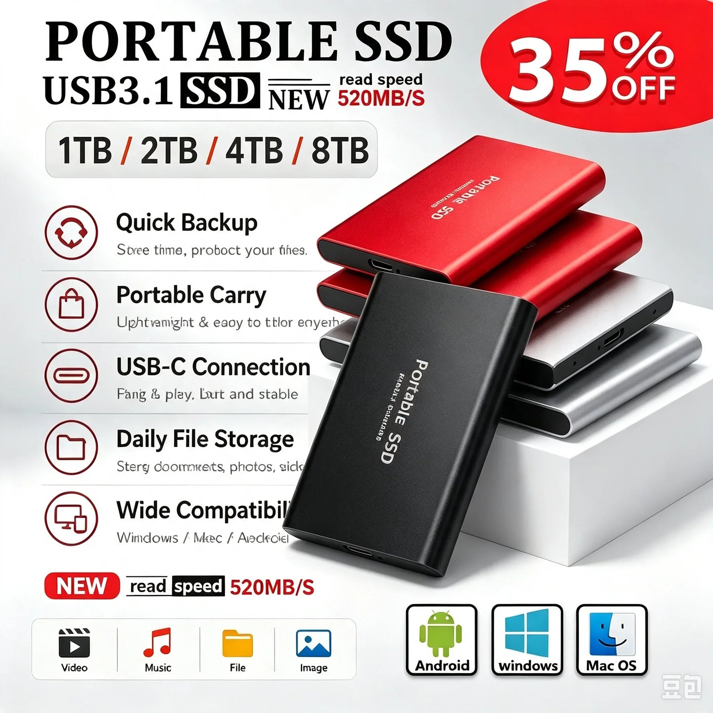 16TB High‑speed Portable External SSD USB 3.1 Type‑c External Hard
