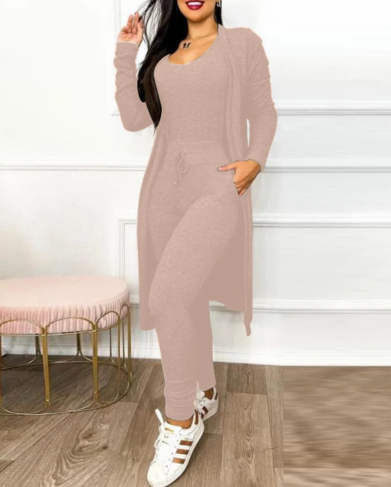 2026 Jumpsuit & Coat Set Autumn Women Drawstring Pocket Pants Sets One Piece Y2k Long Jumpsuit High Waist Coats Two Piece Sets