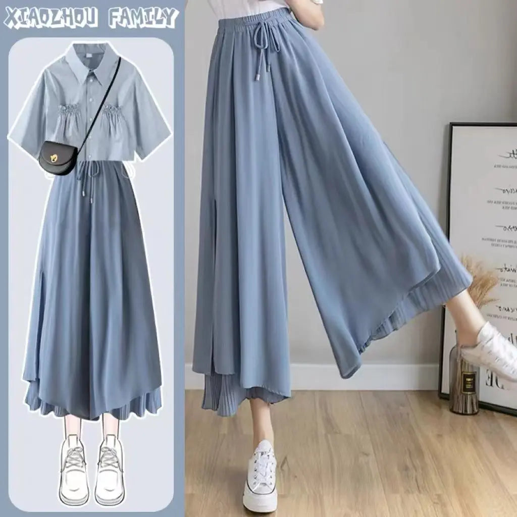 Summer Pantskirt Set for Female Korean Style Loose Short Sleeve Shirt+Casual Wide Leg Pants Fashion Two Piece Sets Women Outfits