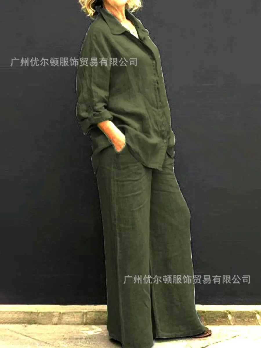 Solid Color Linen Two Piece Sets Women Outfits Spring Autumn Simple Long Sleeve Shirt Loose Trousets Set Office Casual Suit