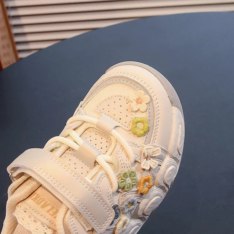 Fashion Leather Sneakers for Girls Children Casual Sports Shoes Floral Pattern Shoes for Kids Comfortable Walking Shoes