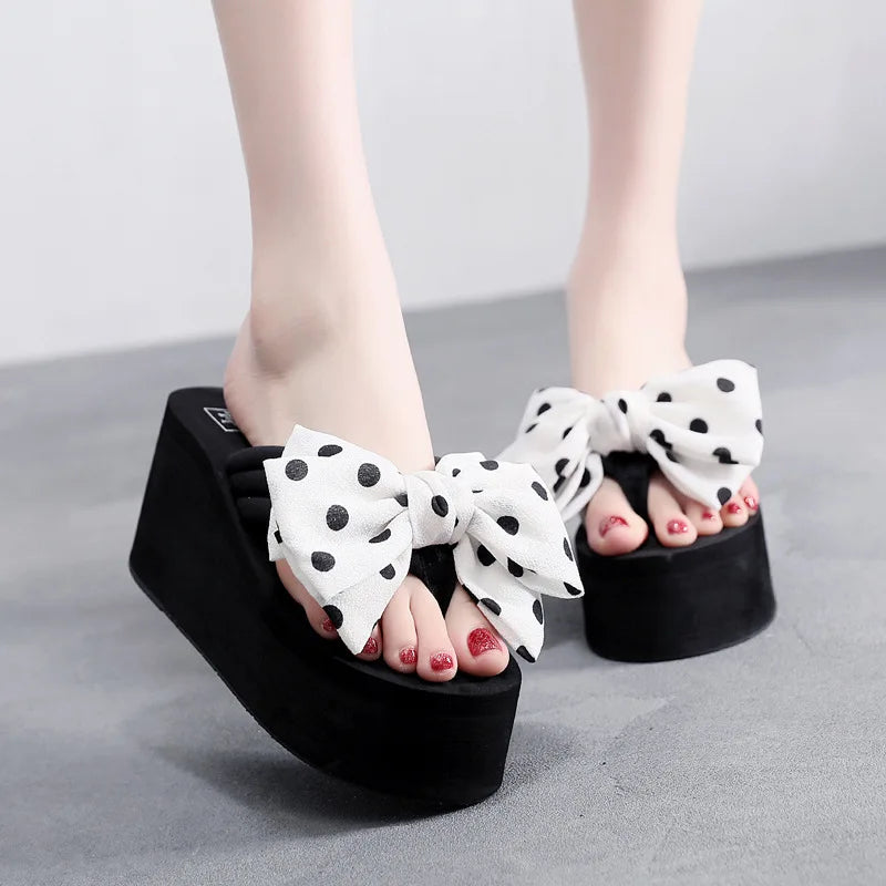 Summer Slippers Women Wedges Sandals Super High Heels Ladies Fashion Flip Flops Cute Bowknot Female Party Shoes Plus Size Slides