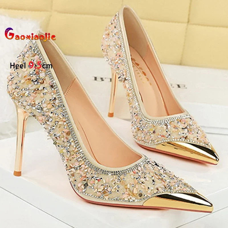 Shiny Crystal Apricot High Heels 9.5cm Women's Shoes Thin Heels Metal Pointed Ladies Pumps Shallow Slip On Stiletto Party Shoes
