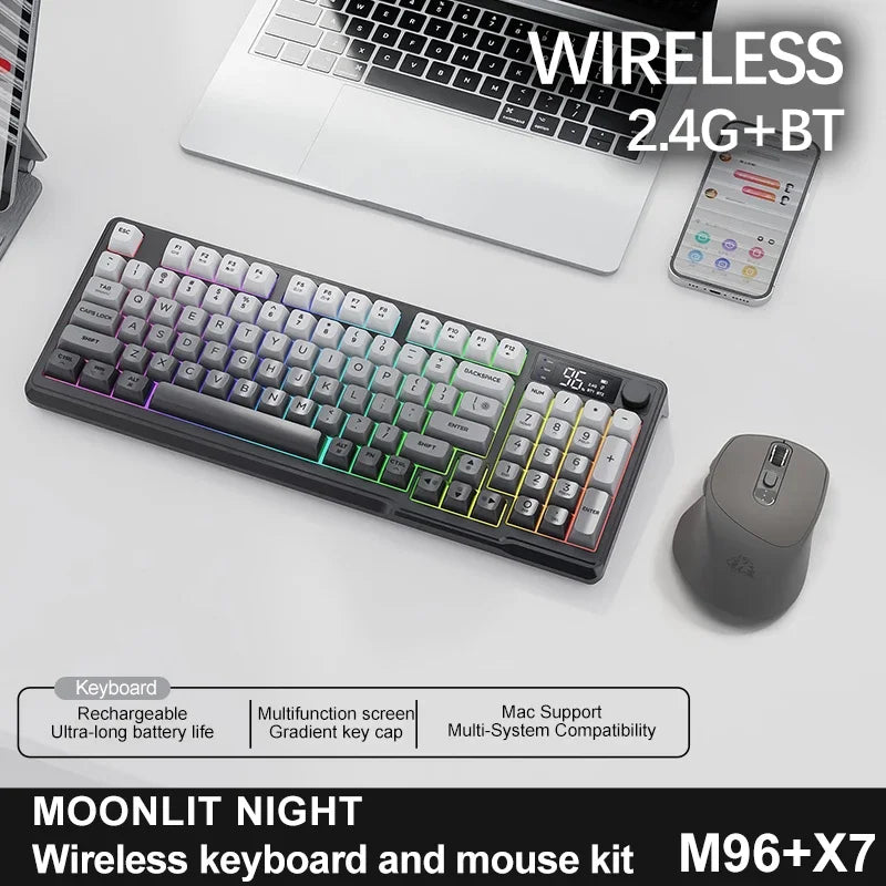 M96 Wireless Keyboard and Mouse Set, Bluetooth&2.4G, Smart Screen, 96 Keys, RGB, Silent Keyboard Mouse Combo