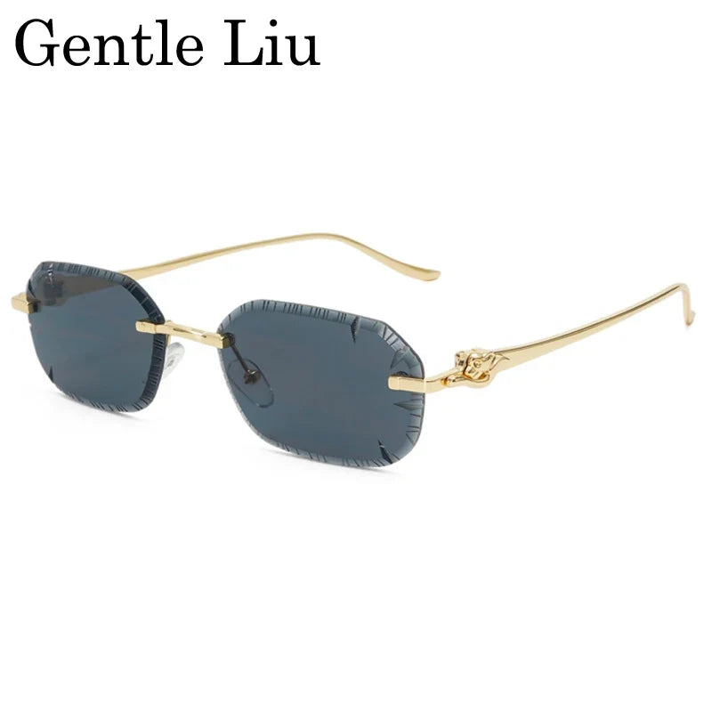 Small Rectangle Punk Rimless Sunglasses Men 2026 Luxury Designer Leopard Head Frameless Cut Edge Shades Retro Gold Metal Eyewear