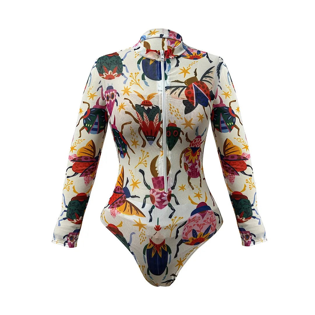S - XXL New One Piece Swimsuit Women Swimwear Female Padded Bather Bathing Suit Swim With Pants Zipper Printed Long Sleeve K8113