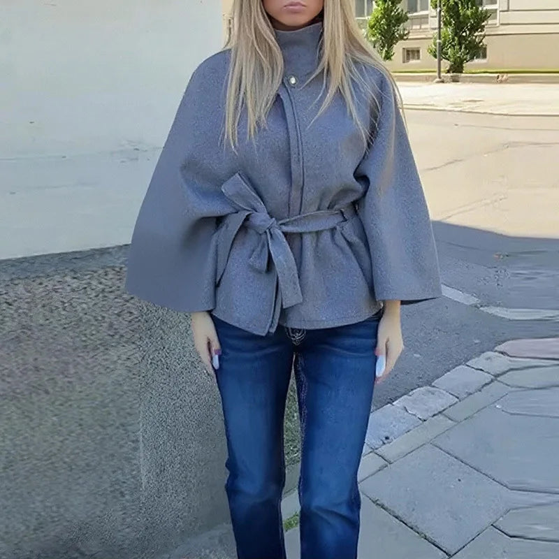 Phantasy Elegant Grey Lace Up Woolen Coats Women Stand Collar Full Sleeve Jackets Autumn Winter Outerwear Female Tops 2025