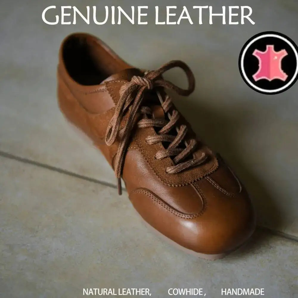 Leather Retro Women's Deqin Shoes Spring Autumn New Style Versatile Square Head Flat Bottom Genuine Leather Sports Shoes
