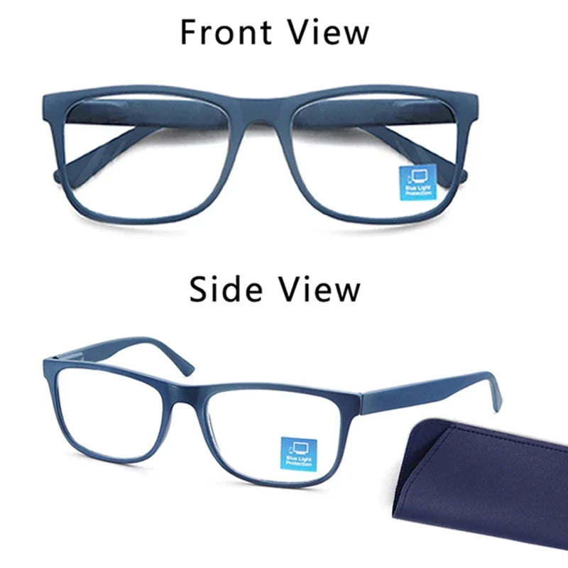 Extra-large reading glasses for men and women. Classic square frame. Blue light blocking glasses with prescription lenses.