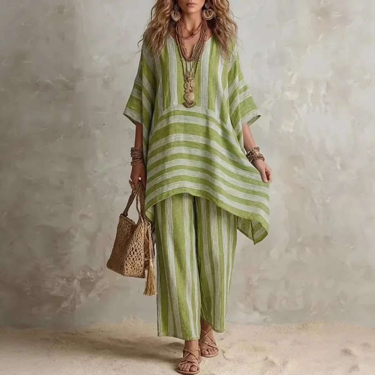 2026 New Women's Two Piece Spring/Summer Fashion V-neck Loose Striped Casual Set
