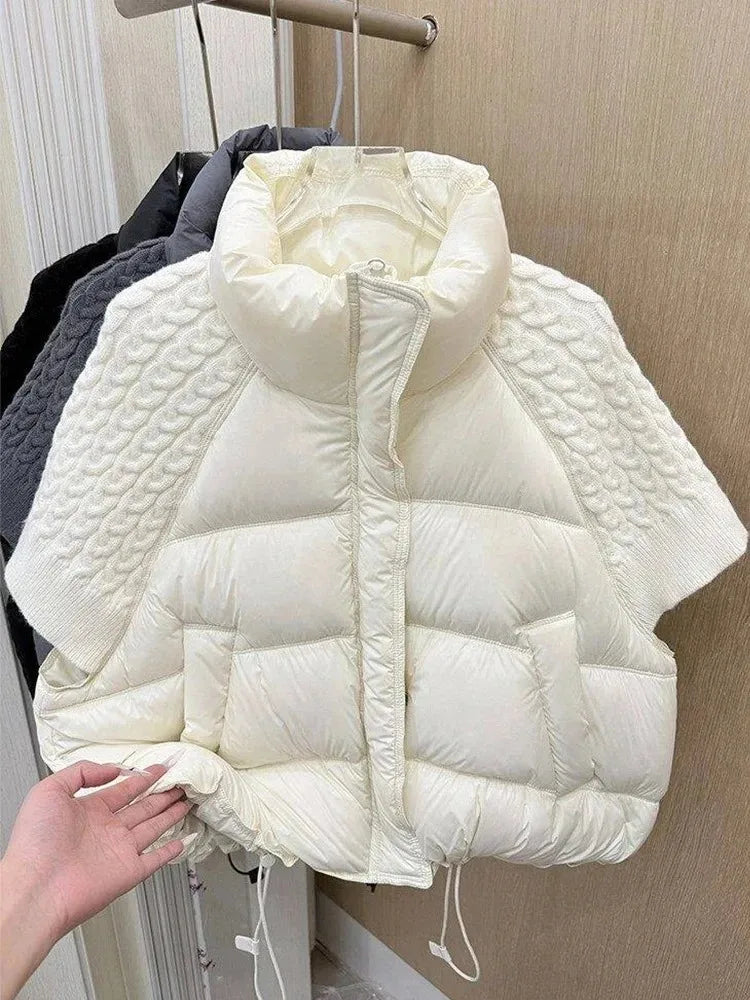 Short Puffer Jacket Sleeveless Duck Down Coat Warm Lightweight Patchwork Knitted Warm Drawstring Short Puffer Down Waistcoat