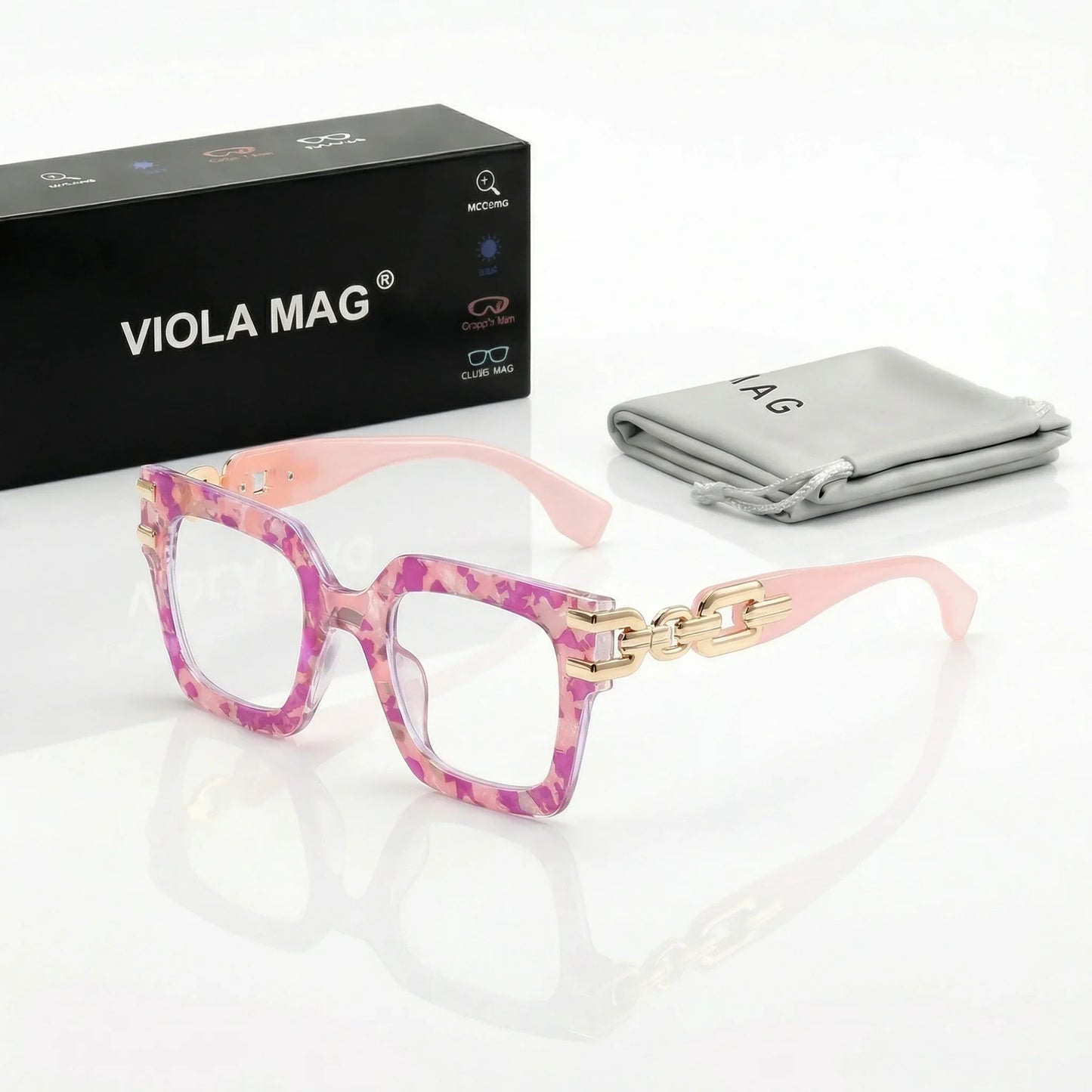 VIOLA MAG Large Frame Square Reading Glasses Chain Decoration, Anti Blue Light Commuting Street Photography Daily, With Box and