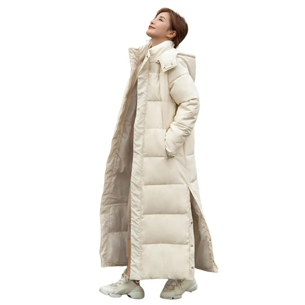 2024 Oversized Coat Hooded Long Sleeve Pockets Side Slit Hem Down Jacket Pockets Thickened Long Warm Down Cotton Outwear