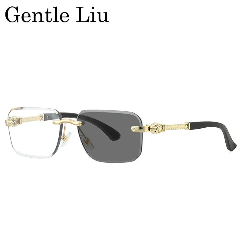 Vintage Rimless Photochromic Sunglasses Men 2026 Luxury Designer Square Frameless Leopard Head Sun Glasses Driving Eyewear Shade