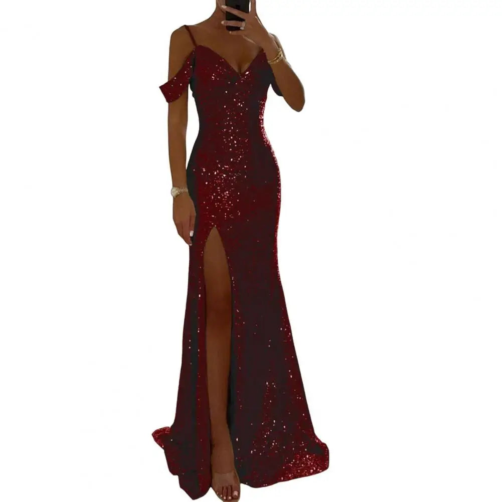 Vestido de mujer con lentejuelas, tirantes, sexy, brillante, lentejuelas, hombros descubiertos, cuello en V, abertura lateral, vestido de fiesta, vestido de fiesta de boda, vestido largo