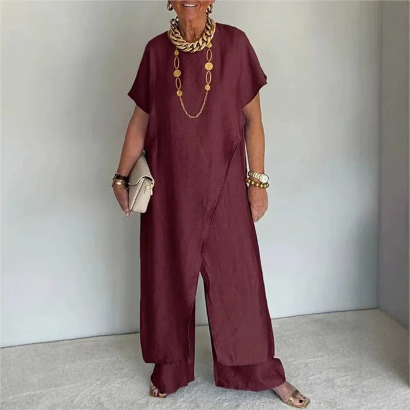 Loose Irregular 2 Piece Set for Women Short Sleeve Round Neck Long Top + Wide Leg Pants Casual Outdoor Commuting Versatile Suit