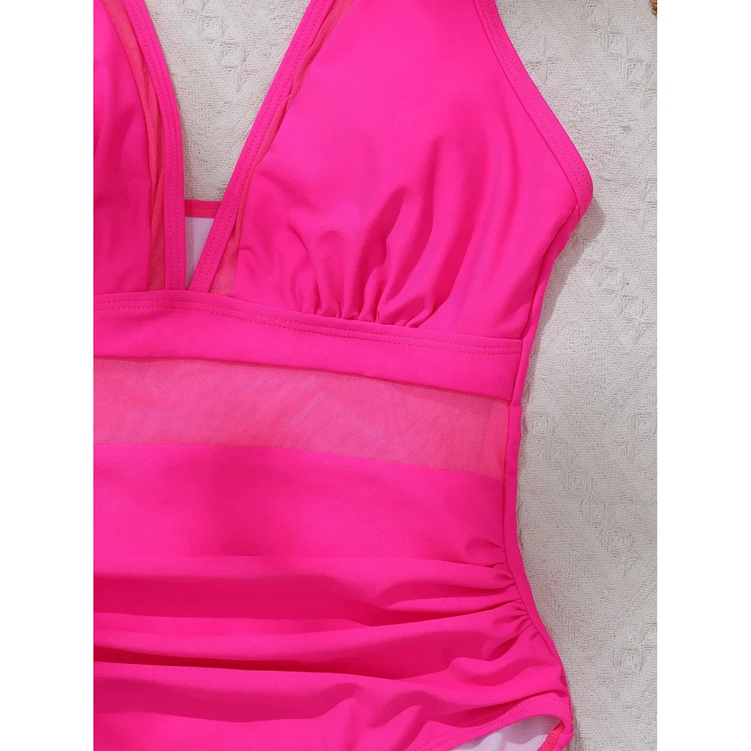 S - XL New Sexy Mesh Sheer V Neck Women Swimwear One Piece Swimsuit Female High Leg Cut Monokini Bather Bathing Suit Swim V5136