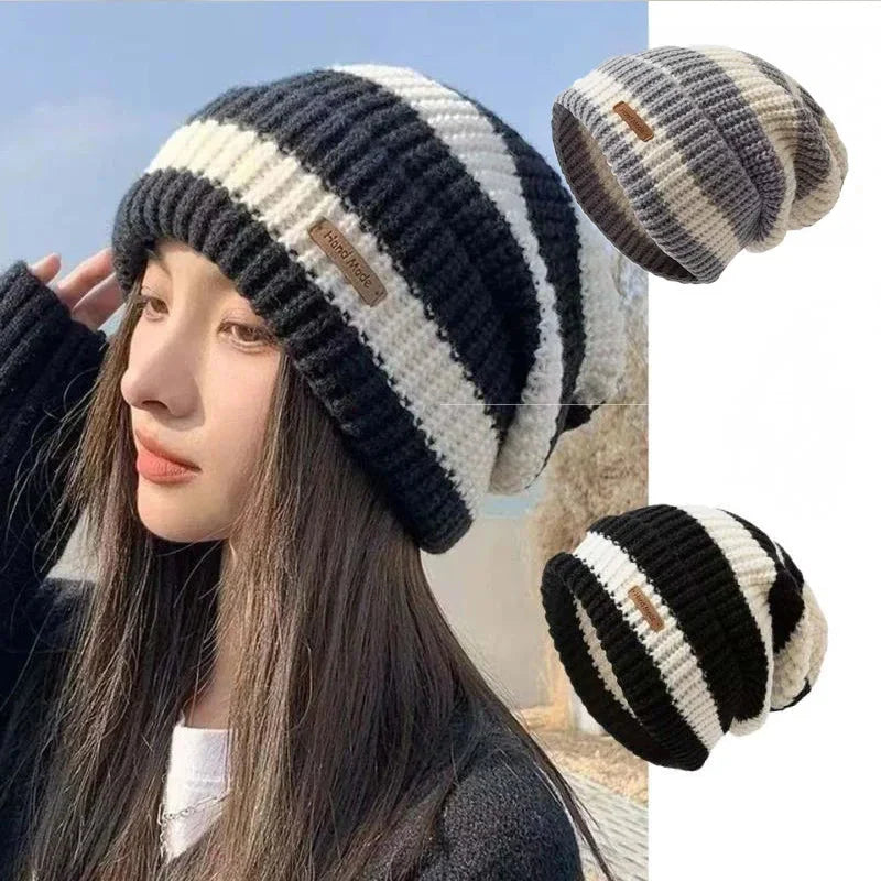 Gorro de punto apilable unisex – Gorro tipo bonete hip-hop a rayas cálido de invierno