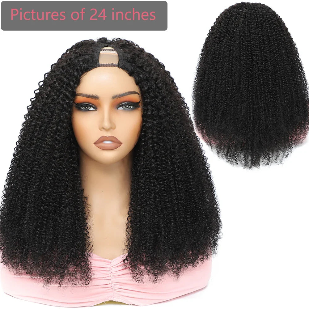 Peluca de cabello humano rizado afro de densidad 200% para mujeres afroamericanas, peluca en V, fácil de instalar, cosida a máquina